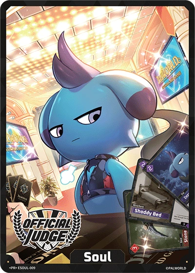 Palworld OCG promo card ESOUL-009: Depresso stands in a lit tournament hall holding a fanned hand of cards, with a black-and-white OFFICIAL JUDGE laurel emblem in the lower left corner.