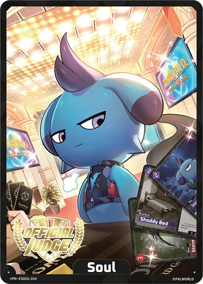 Palworld OCG promo card ESOUL-010: the same Depresso illustration as ESOUL-009, with the OFFICIAL JUDGE laurel emblem rendered in gold.